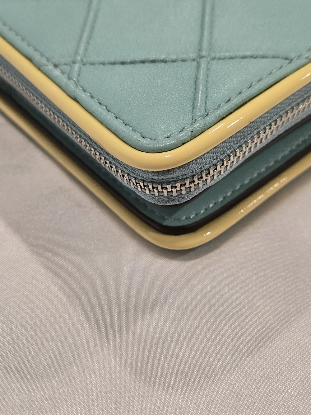 Tory Burch Quilted Aqua Leather Wristlet with Yellow Trim EUC